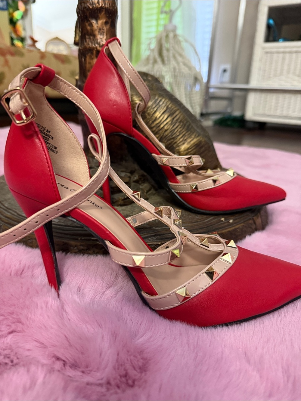 Red Pointed-Toe Studded Strappy Heels with Pale Nude Straps
